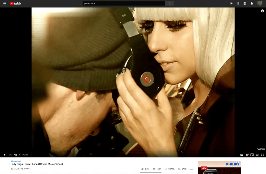 Product Placement Ad Example on Lady Gaga YouTube Video Beats By Dre. by bannerTag.com