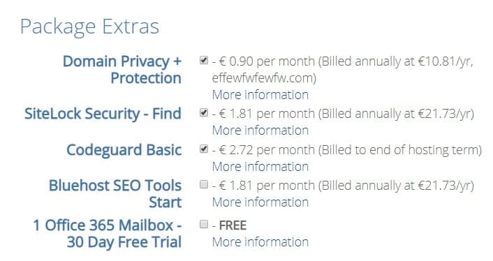 Bluehost Package Extras