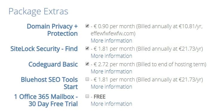 Bluehost Package Extras