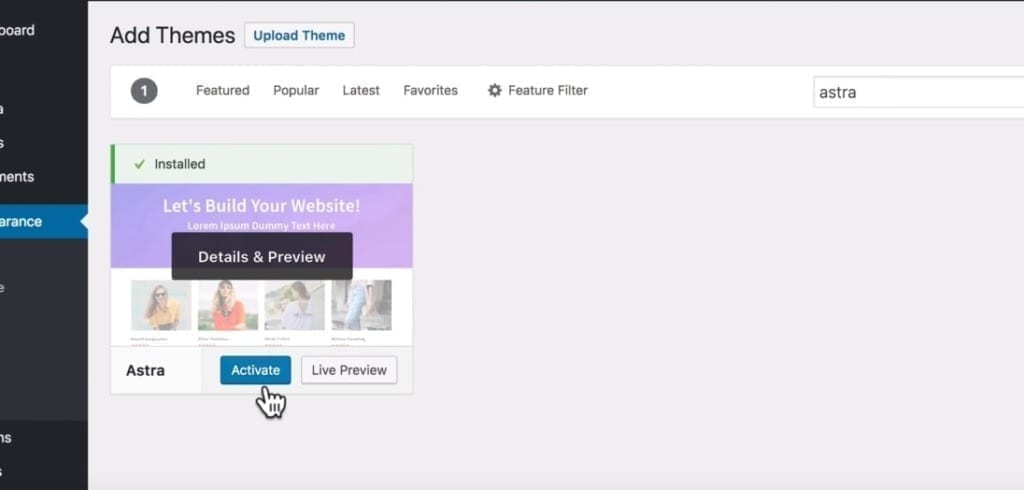 WordPress Website Activate Astra Theme