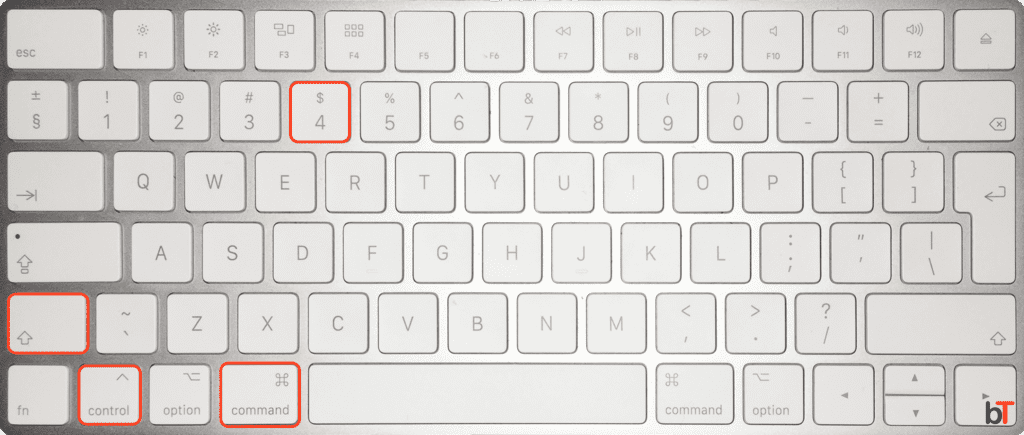 Mac Print Screen Combination: Command ⌘ + Control + Shift + 4 + Drag with mouse